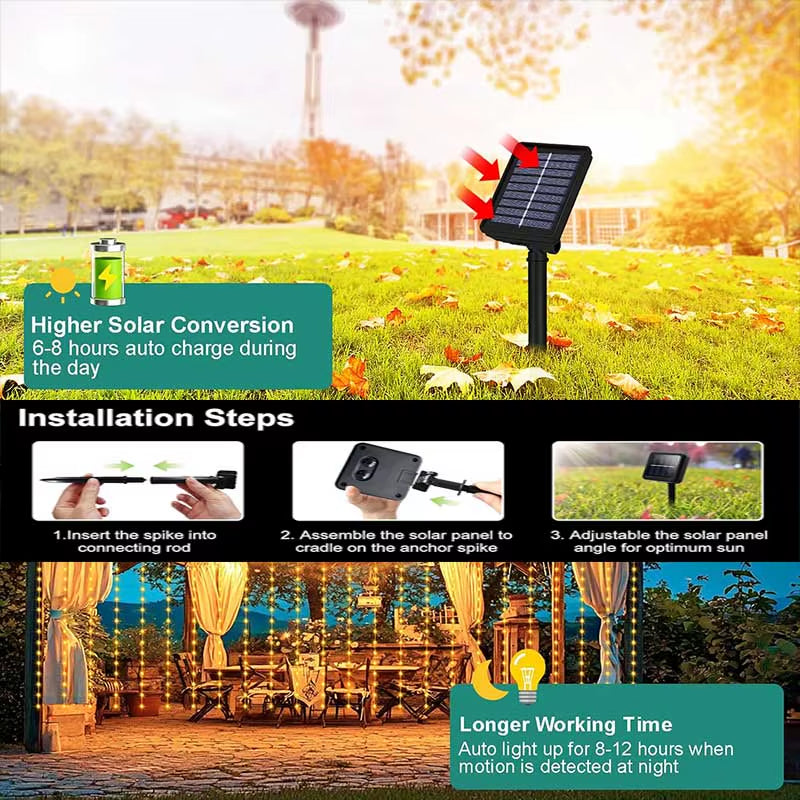Solar Curtain Light LED Outdoor Waterproof 300Leds Garland Decoration String Lights Yard Fairy Garland String Lights